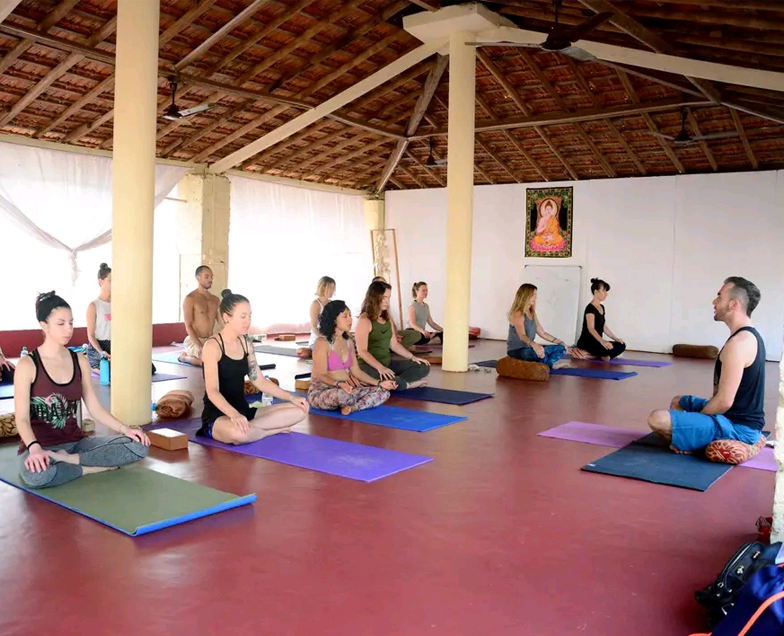 "Participants engaging in a 100-hour yoga teacher training in Thailand, practicing yoga poses in a peaceful outdoor setting with tropical surroundings, emphasizing deep learning and personal growth in a serene environment."